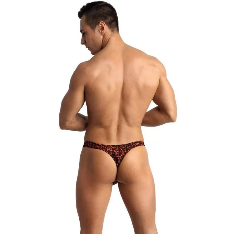String homme rouge imprimé animal, microfibre douce, élastique délicat, confort optimal, séduction élégante.