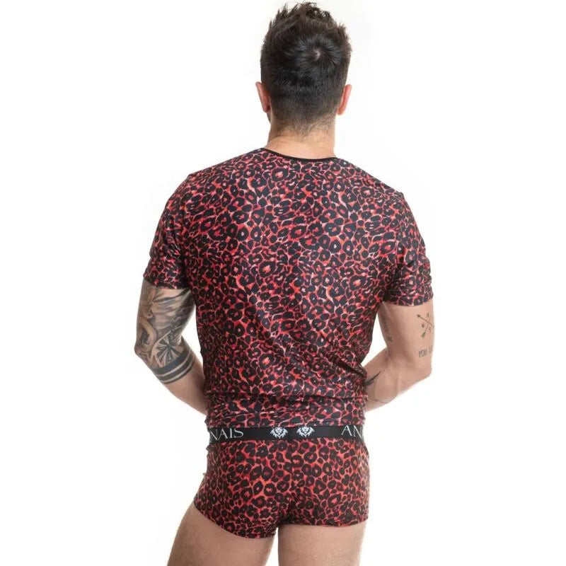 T-shirt homme rouge à imprimé animal tribal, ajusté, en microfibre douce, idéal pour un style audacieux et moderne.