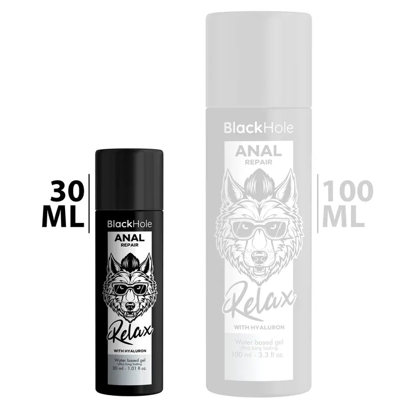 Flacon cylindrique 30ml noir, lubrifiant anal Black Hole, design élégant, enrichi en hyaluron pour confort et hydratation.