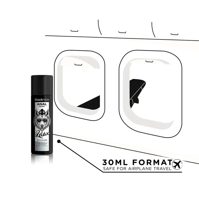 Flacon noir 30ml de lubrifiant anal Black Hole, design élégant, enrichi en hyaluron pour hydratation et confort.