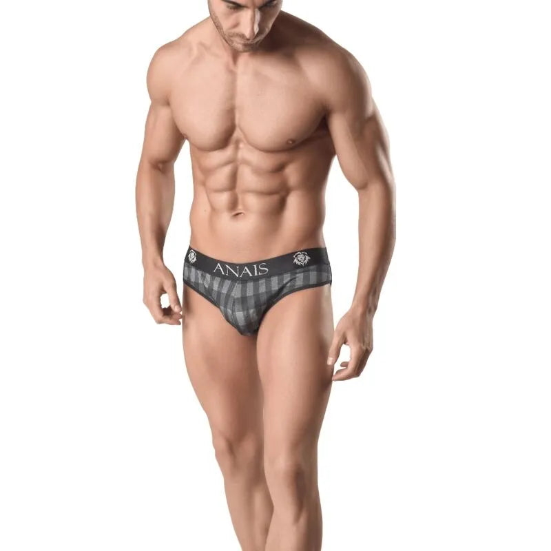 Slip homme à carreaux gris, bande élastique large, coupe ajustée, confort optimal, Anais Apparel, mode masculine élégante.
