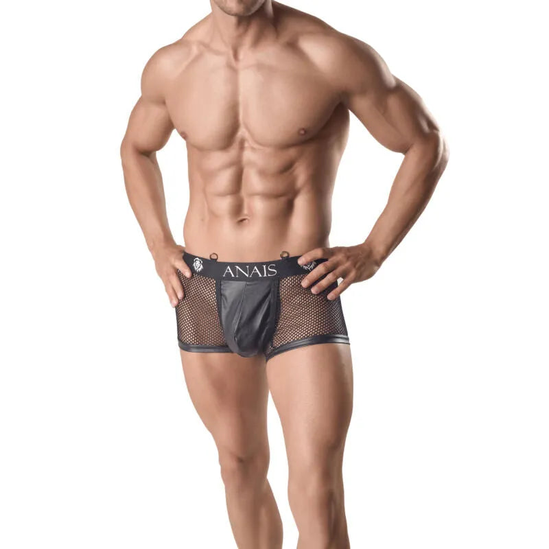 Boxer homme noir en mesh et cuir, coupe sportive, ajustement parfait, Anais Men, lingerie sexy et confortable.