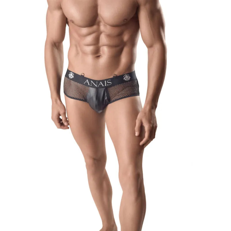 Jock bikini noir en filet et cuir, dos exposé, ajustement parfait, mettant en valeur la silhouette masculine.