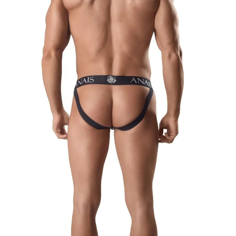 Jockstrap homme noir en cuir, coupe audacieuse, dos ouvert, ajustement parfait, Anais Apparel, lingerie sexy.