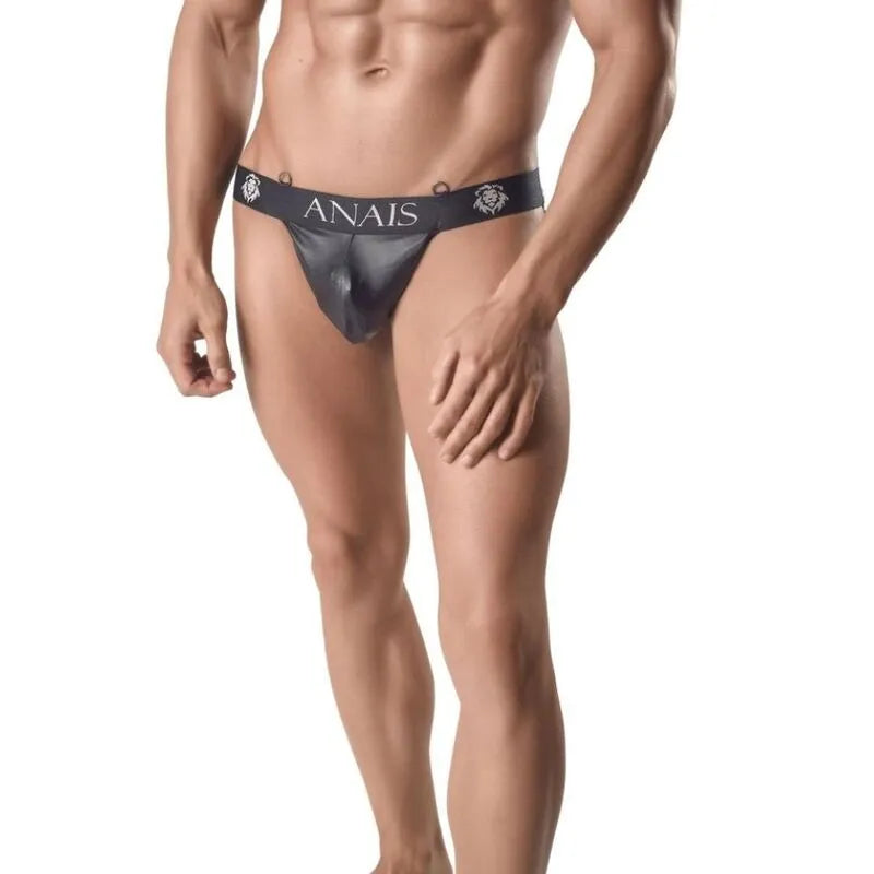 Jock strap noir en cuir Anais Men, coupe audacieuse, crosse apparente, ajustement parfait, design masculin et ludique.