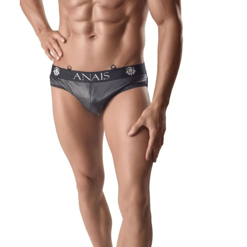 Slip homme noir en cuir et mesh, taille élastique, ajustement parfait, Anais Men Ares, sexy et confortable.