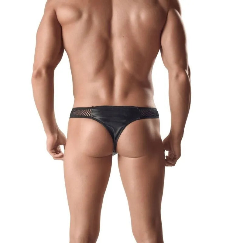 String homme noir en cuir et résille, ajustement parfait, design séduisant et confortable, Anais Apparel.