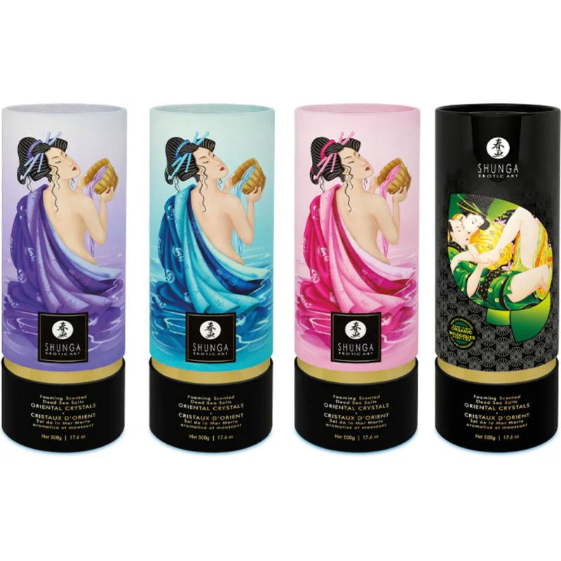 Contenant cylindrique 500g Cristaux d'Orient, illustration femme kimono rose, design japonisant, couleurs rose et noir.