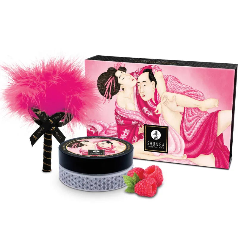 Shunga - Kit Érotique Poudre Massage Comestible Framboise Plumeau Sensuel Design Japonais Coffret Intimité cadeau surprise sextoy couple amoureux