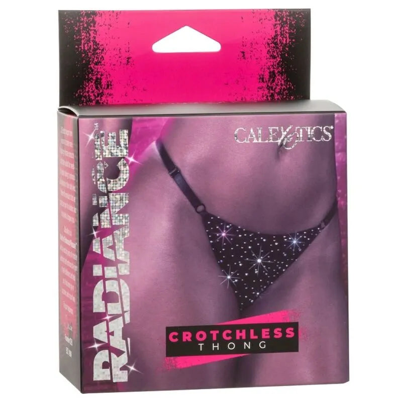 String sans entrejambe noir avec strass scintillants, design élégant et bretelles réglables, boîte rose et noire.