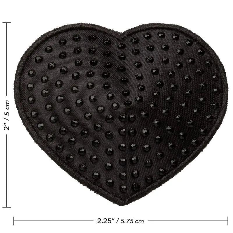 Cache-téton noir en forme de cœur avec pierres scintillantes, design glamour pour festivals, réutilisable et adhésif.