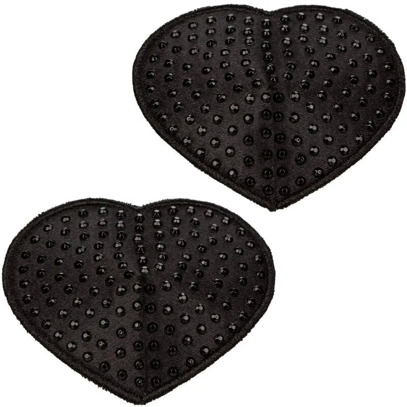 Cache-tétons en forme de cœur noir avec pierres scintillantes, design glamour et réutilisable pour festivals et soirées.