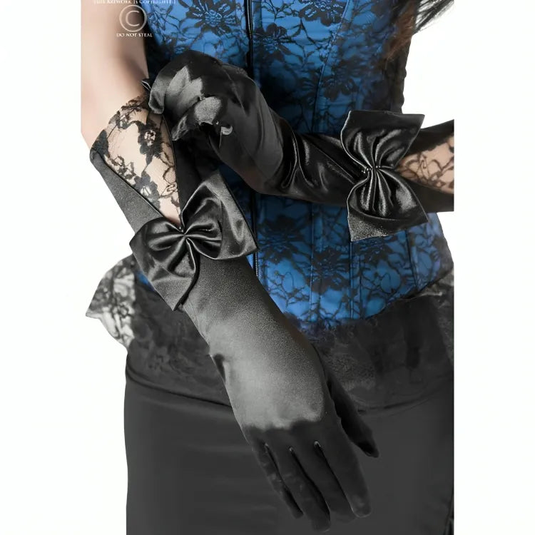 Gants noirs élégants avec nœuds satinés, dentelle délicate, ajout glamour et séduction à votre tenue.