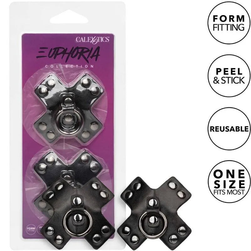 Cache-tétons noirs Euphoria, design croix avec rivets et joint torique, réutilisables, accents métalliques, emballage visi...