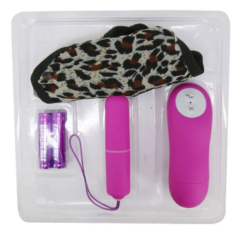 String léopard avec balle vibrante violette et télécommande, accessoire intime pour jeux en couple.
