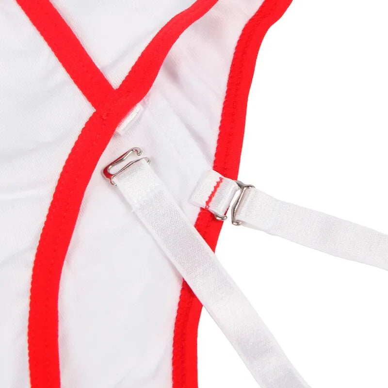 Costume infirmière sexy blanc et rouge, épaules dénudées, polyester élasthanne, détails bretelles ajustables.