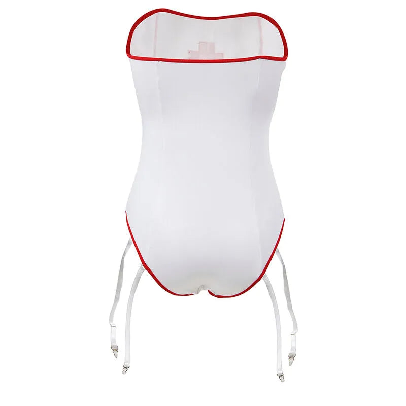 Costume infirmière sexy blanc épaules dénudées, bordures rouges, polyester élasthanne, design séduisant et confortable.