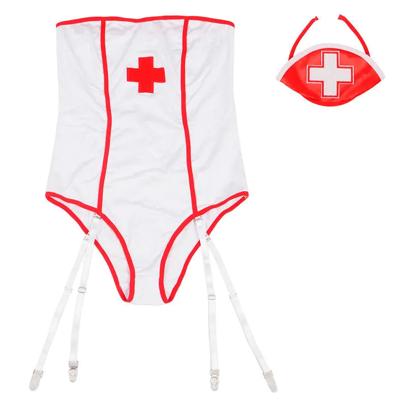 Costume infirmière sexy blanc et rouge épaules dénudées, croix rouge, polyester élasthanne, design séduisant Subblime.