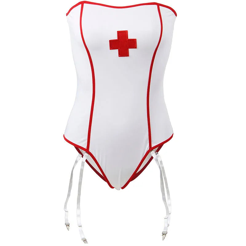 Costume infirmière sexy blanc, épaules dénudées, croix rouge, polyester élasthanne, design séduisant Subblime.