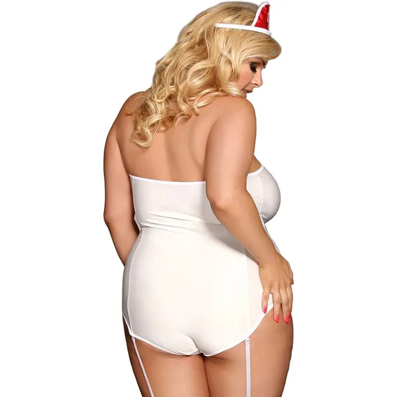 Costume d'infirmière sexy blanc épaules dénudées, polyester élasthanne, avec serre-tête assorti, design séduisant.