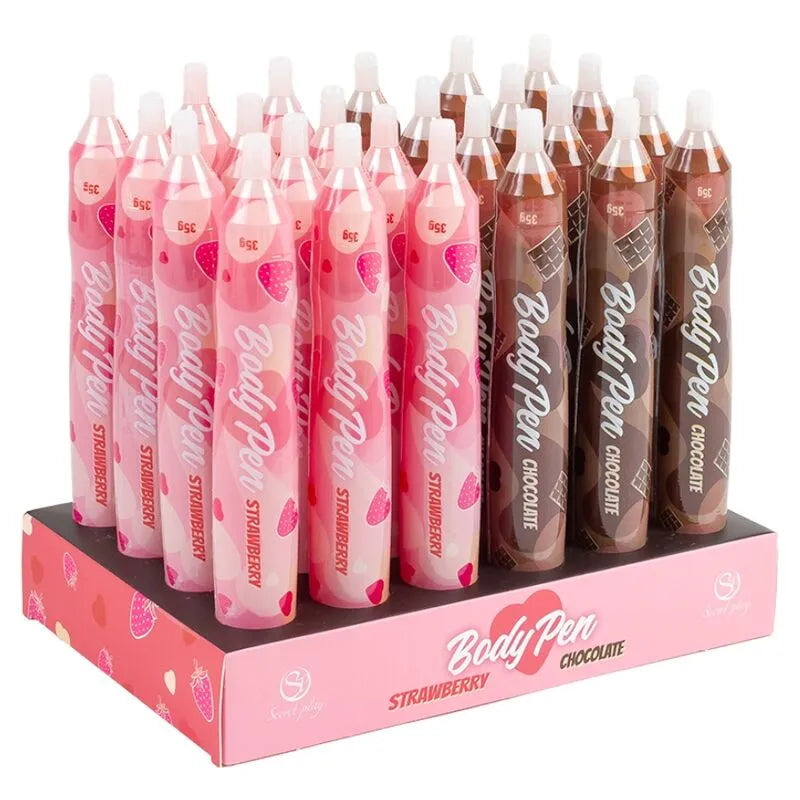 Secret Play Présentoir Stylo Corps Edible 24 Unités Body Painting Intime Créatif Sensoriel Couple Fraise Chocolat