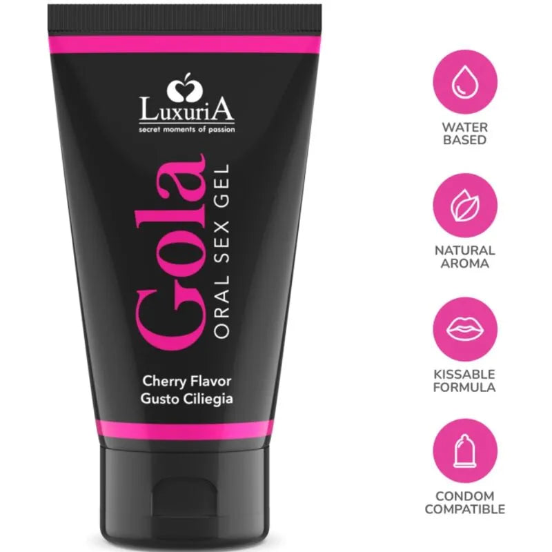 Gel sexuel oral Luxuria saveur cerise 50ml, tube noir et rose, base aqueuse, formule embrassable, compatible préservatifs.