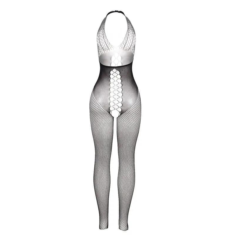 Bodystocking noir dos ouvert croisé, design sexy et élégant, idéal pour occasions spéciales, valorise silhouette féminine.