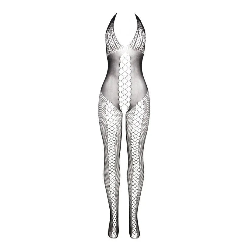 Bodystocking noir dos ouvert croisé femme, design séduisant, idéal occasions spéciales, met en valeur silhouette.