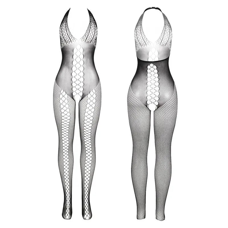 Bodystocking noir dos ouvert croisé femme, design séduisant, idéal occasions spéciales, met en valeur silhouette.