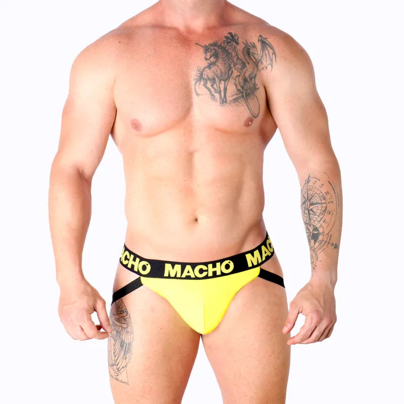 Jockstrap homme lycra jaune fesses ouvertes confort soutien sports