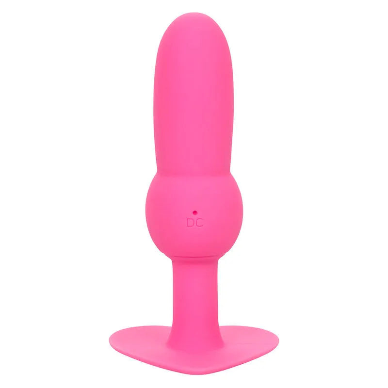 Sonde anale vibrante rose en silicone, forme perlée, base évasée, étanche, 10 fonctions, rechargeable USB.