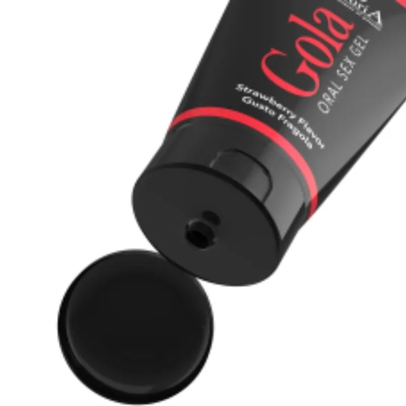 Tube noir de gel lubrifiant oral à la fraise, 50ml, design élégant, bouchon noir, compatible préservatifs, texture douce.