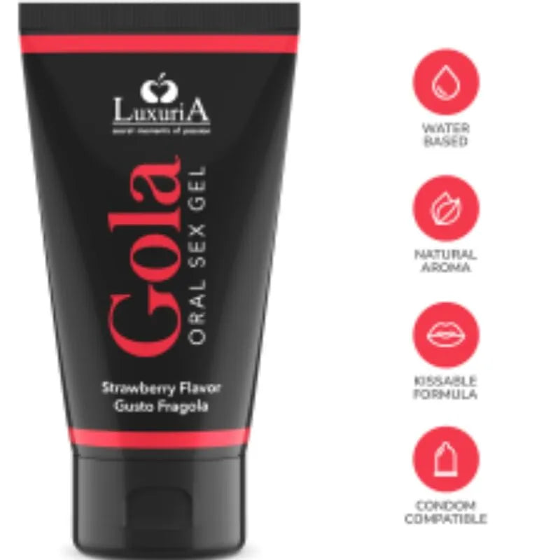 Tube de gel lubrifiant oral Luxuria fraise 50ml, design élégant noir et rouge, compatible préservatifs, texture douce.