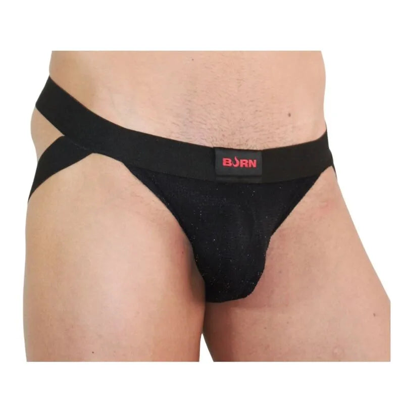 Jockstrap noir brillant BURN avec paillettes, design audacieux et sensualité, mettant en valeur confort et style.