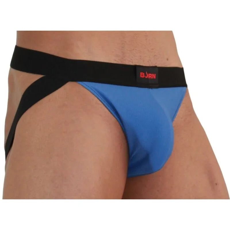 Jockstrap BURN bleu/noir en matériaux haut de gamme, design audacieux avec paillettes et transparences séduisantes.