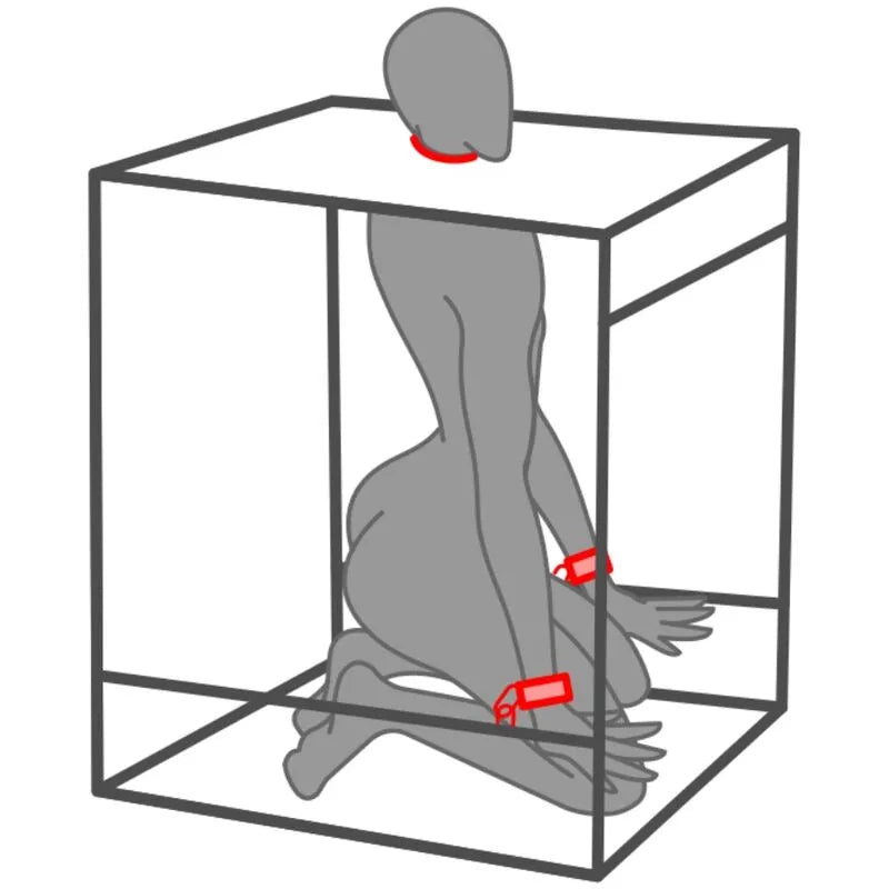 Cabine BDSM violette avec menottes, LED intégrées, design élégant et moderne pour expérience sensorielle immersive.