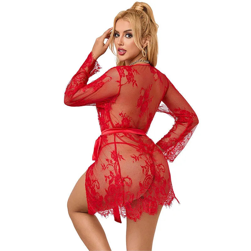 SUBBLIME - 953775 CHEMISIER DE NUIT DENTELLE + STRING ROUGE