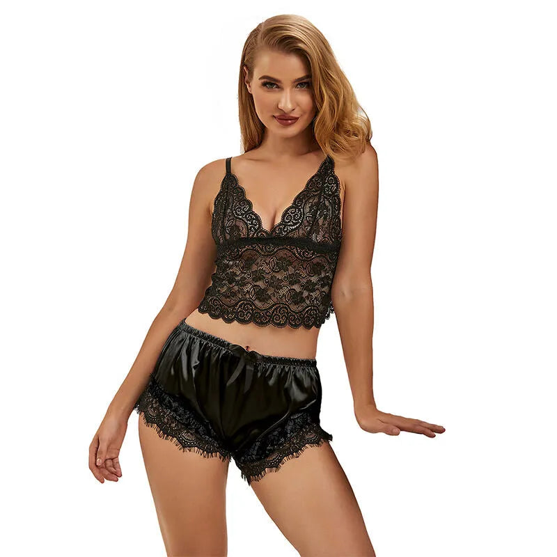 SUBBLIME - 953942 CHEMISE DE NUIT DÉCONTRACTÉE EN SOIE + PANTALON EN DENTELLE NOIR