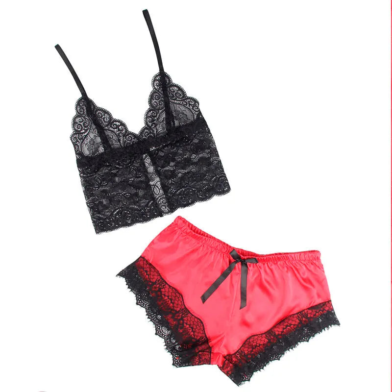 SUBBLIME - 953966 CHEMISE DE NUIT DÉCONTRACTÉE EN SOIE + PANTALON EN DENTELLE NOIR/ROUGE