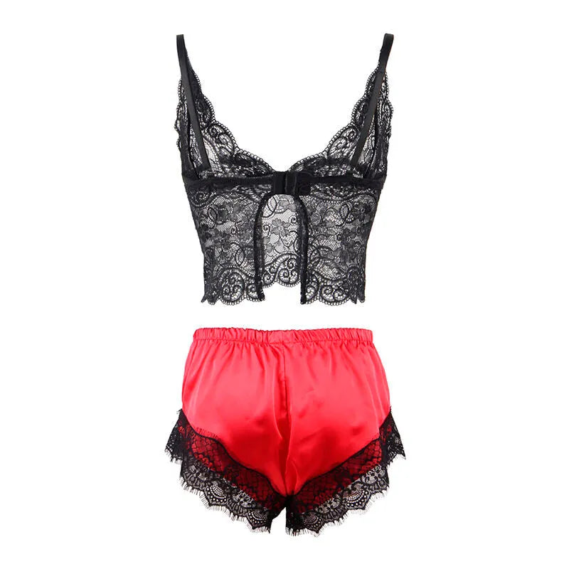 SUBBLIME - 953966 CHEMISE DE NUIT DÉCONTRACTÉE EN SOIE + PANTALON EN DENTELLE NOIR/ROUGE