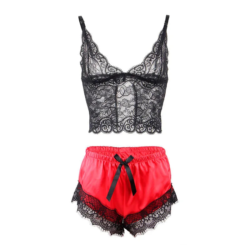 SUBBLIME - 953966 CHEMISE DE NUIT DÉCONTRACTÉE EN SOIE + PANTALON EN DENTELLE NOIR/ROUGE
