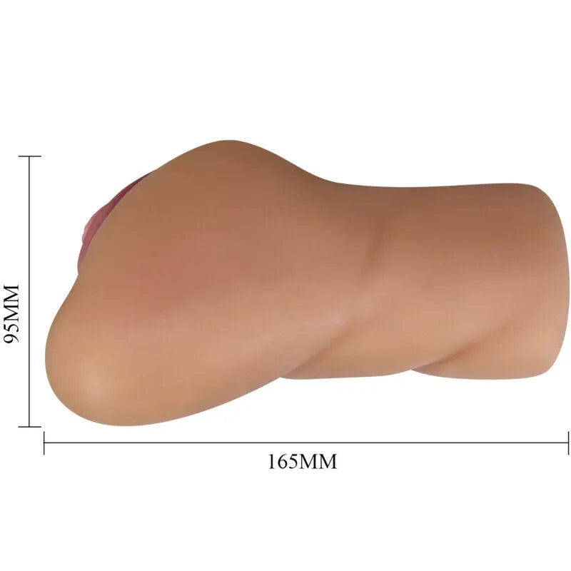 Modèle réaliste de vagin et anus en silicone beige, détails peints à la main, dimensions 165mm x 95mm.