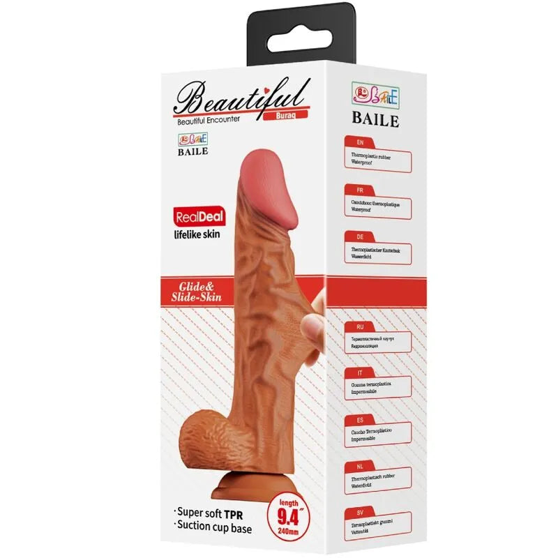 Gode réaliste Baile Buraq 24 cm, couleur chair, texture veineuse, ventouse puissante, stimulation point G.