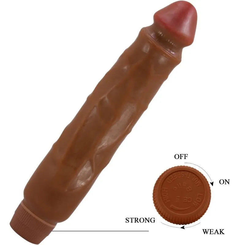 Vibromasseur réaliste mulâtre 26 cm, texture veinée, couleur marron, fonction vibration, design sculpté pour plaisir intense.
