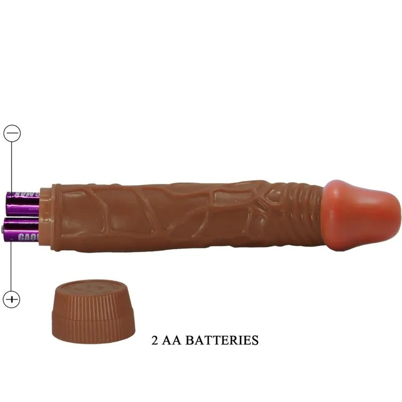 Vibromasseur réaliste mulâtre 22,5 cm avec texture veinée et fonction vibration, fonctionne avec 2 piles AA.