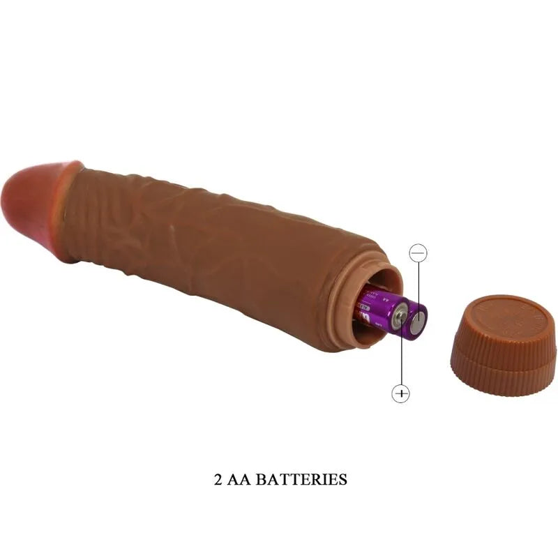 Vibromasseur réaliste mulatto 19,5 cm avec texture veinée, couleur chair, fonction vibration, fonctionne avec 2 piles AA.