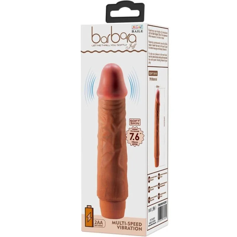 Vibromasseur réaliste Baile 19,5 cm, couleur mulatto, texture veinée, fonction vibration, emballage visible.