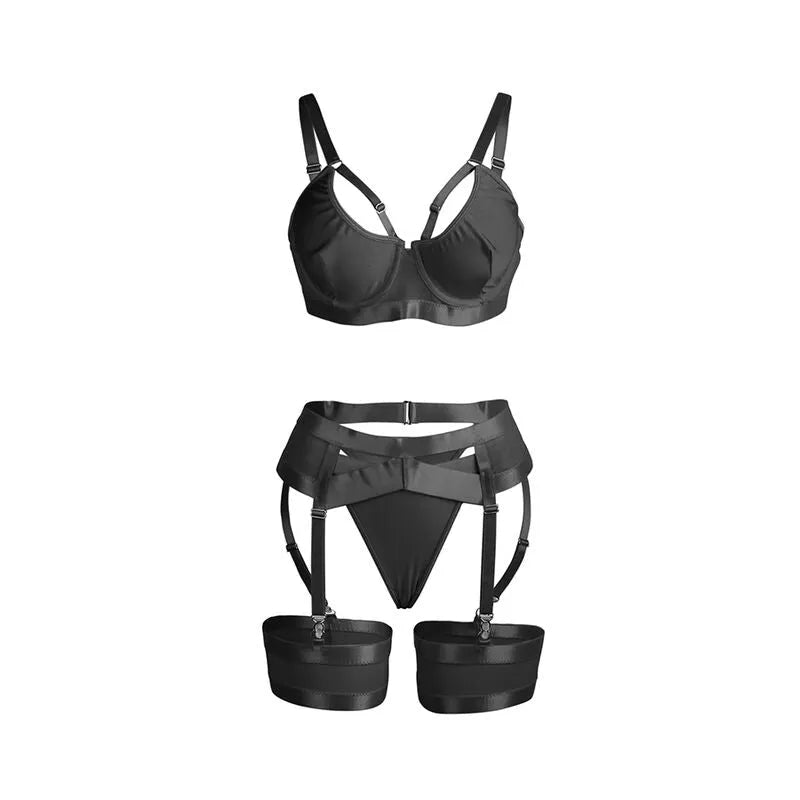 SUBBLIME - 955243 ENSEMBLE SOUTIEN-GORGE BONDAGE NOIR AVEC JARRETELLE