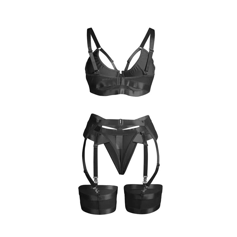 SUBBLIME - 955243 ENSEMBLE SOUTIEN-GORGE BONDAGE NOIR AVEC JARRETELLE