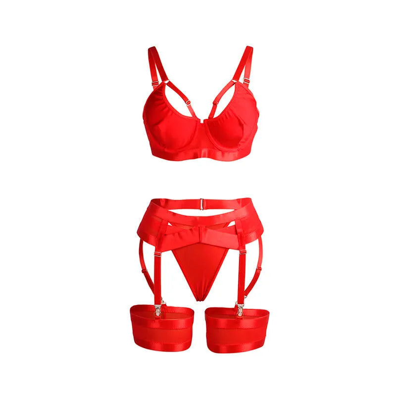 SUBBLIME - 955250 ENSEMBLE SOUTIEN-GORGE BONDAGE ROUGE AVEC JARRETELLES